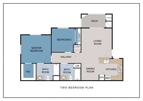 A diagram of a two bedroom apartment layout.